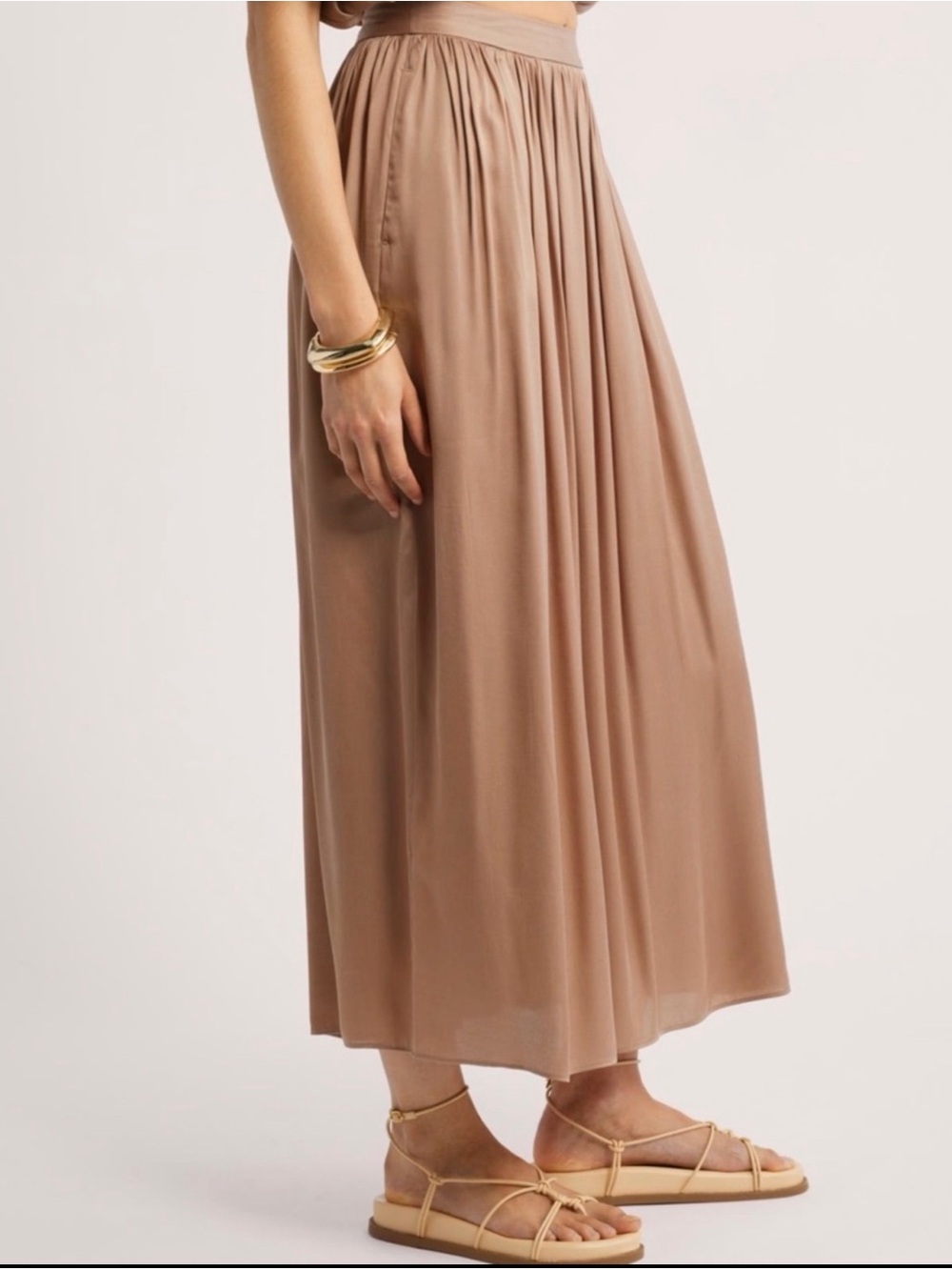 NWT Nordstrom Silky, Gathered, Flowy, Pleated Midi Skirt in Golden Tan Color